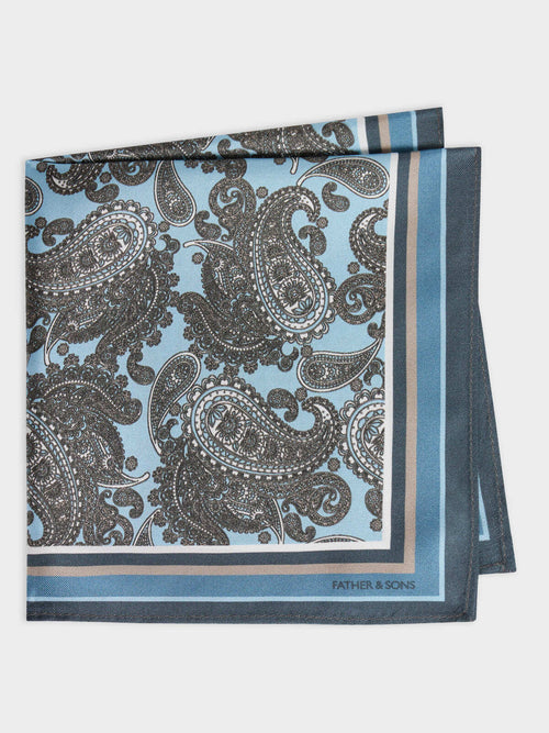 Pochette en soie bleu céruléen à motif - 1 - Father & Sons   - 18 