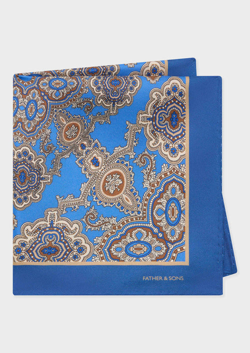 Pochette en soie bleu azur à motif fantaisie marron et beige - 1 - Father & Sons   - 11 