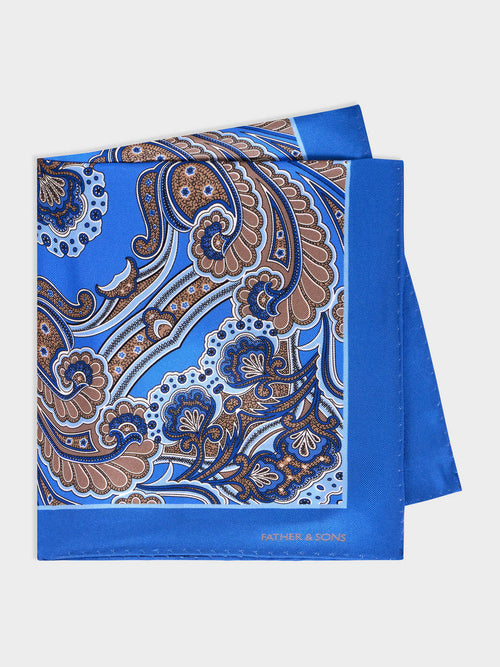 Pochette en soie bleu azur à motif beige - 1 - Father & Sons   - 17 