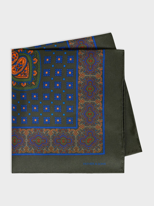 Pochette en soie kaki à motif bleu et orange - Father & Sons   -  