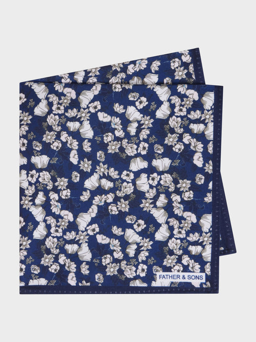 Pochette bleu indigo à motif fleuri blanc - 1 - Father & Sons   - 20 