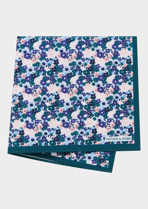 Pochette blanche à motif fleuri bleu pétrole, vert et rose - Father & Sons   - 1 