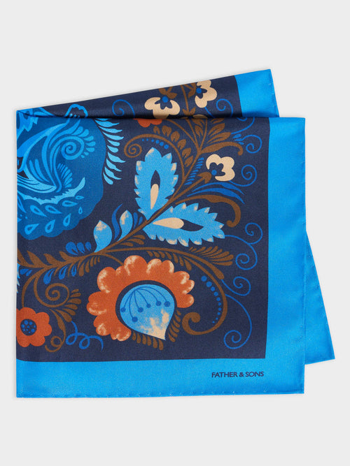 Pochette en soie bleu indigo à motif fleuri - Father & Sons   - 1 