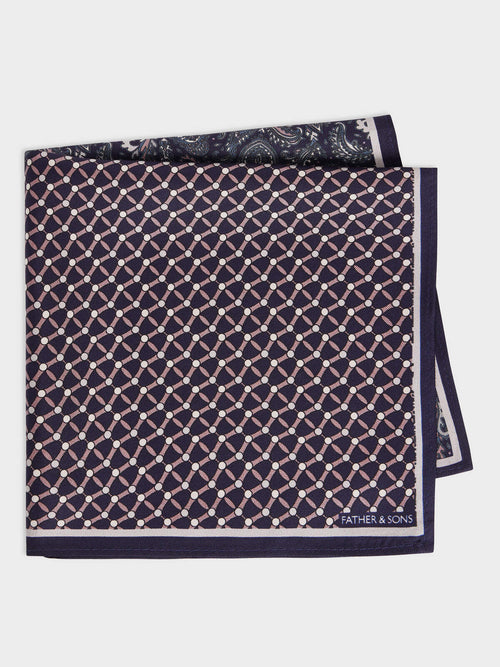 Pochette en soie bleu indigo et orange à motif - Father & Sons   - 1 