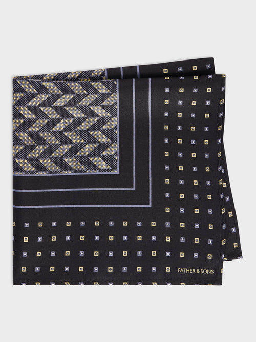 Pochette en soie bleu marine et kaki à motif - Father & Sons   - 1 
