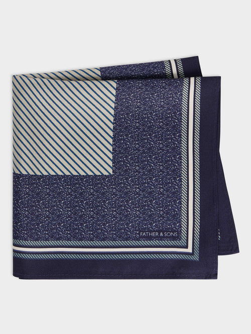 Pochette en soie bleu marine à motif - Father & Sons   - 1 