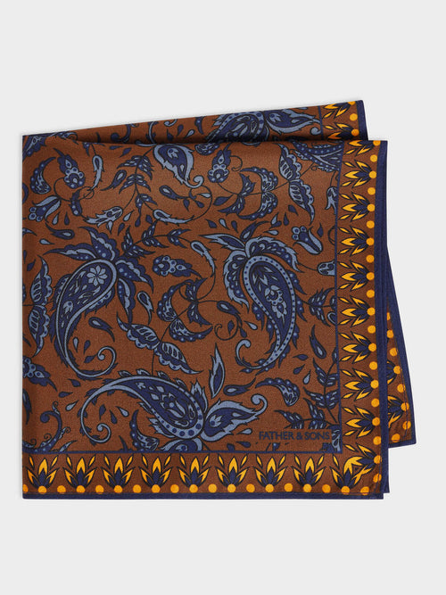 Pochette en soie marron à motif cachemire bleu - Father & Sons   - 1 