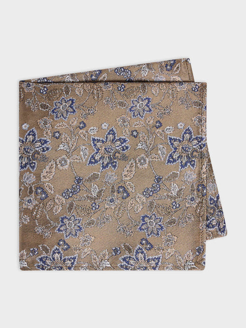 Pochette en soie mélangée marron à motif fleuri bleu - 1 - Father & Sons   - 19 