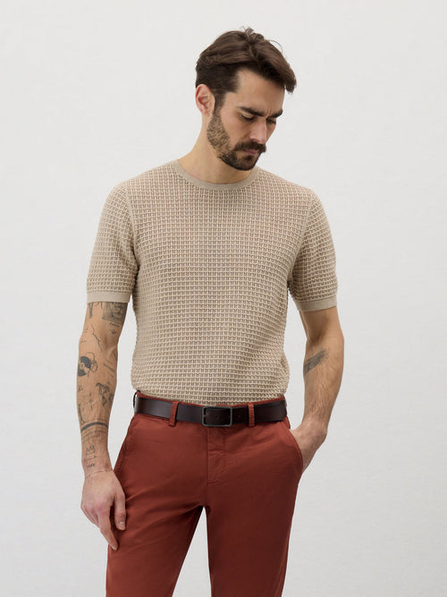 Tee-shirt Slim en maille ajourée beige - 1 - Father & Sons   - 19 