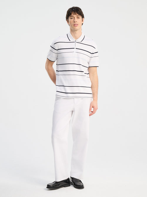 Polo loose en coton blanc à rayures bleues - Father & Sons   - 4 