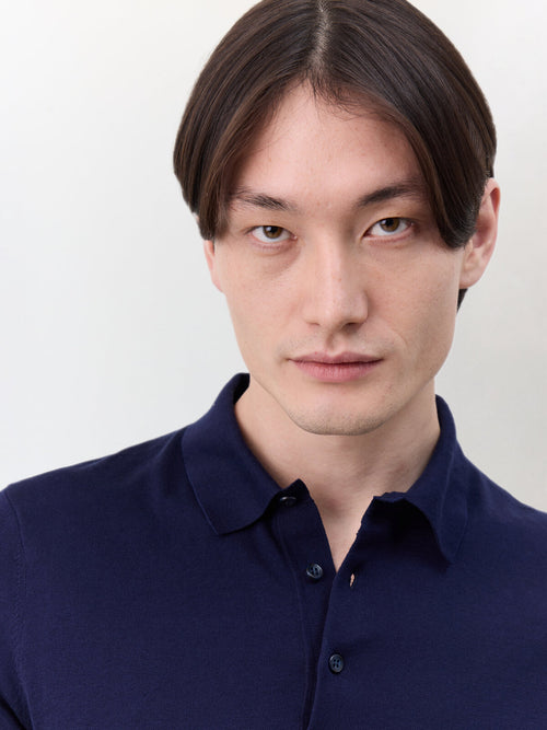 Polo slim en maille coton et soie bleu indigo - Father & Sons   - 3 