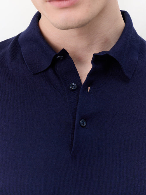 Polo slim en maille coton et soie bleu indigo - Father & Sons   - 4 