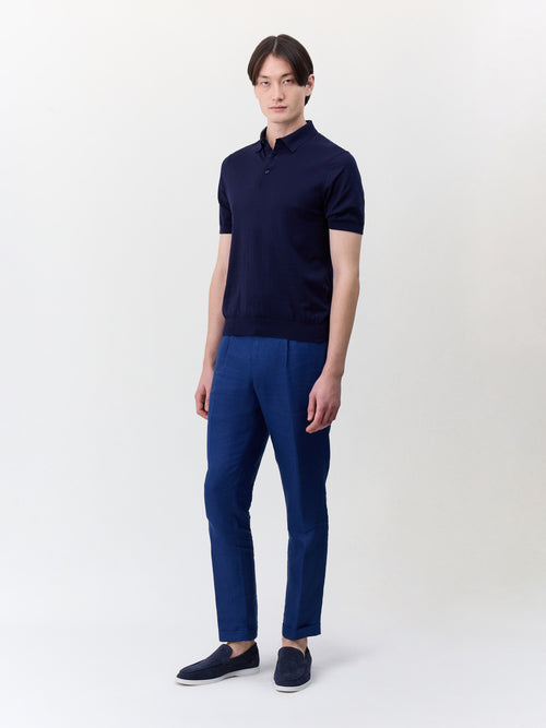 Polo slim en maille coton et soie bleu indigo - Father & Sons   - 5 
