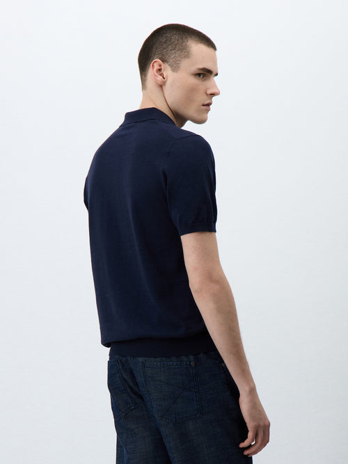 Polo Slim en maille lin et coton bleu marine - 2 - Father & Sons   - 8 