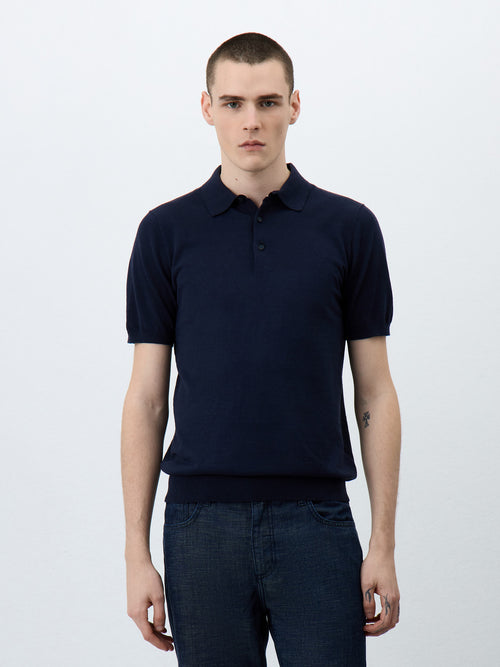 Polo Slim en maille lin et coton bleu marine - 1 - Father & Sons   - 8 