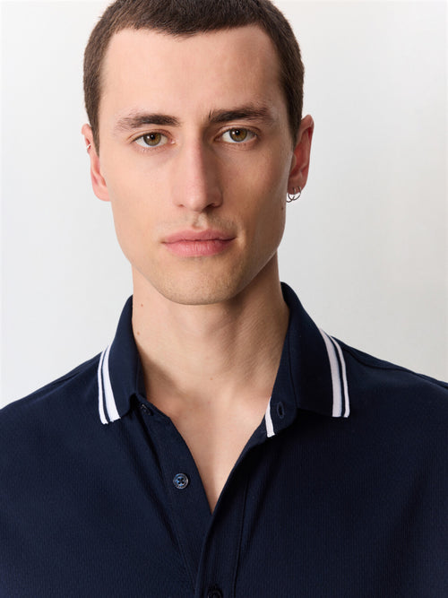 Chemise manches courtes regular en maille bleu marine - Father & Sons   - 3 