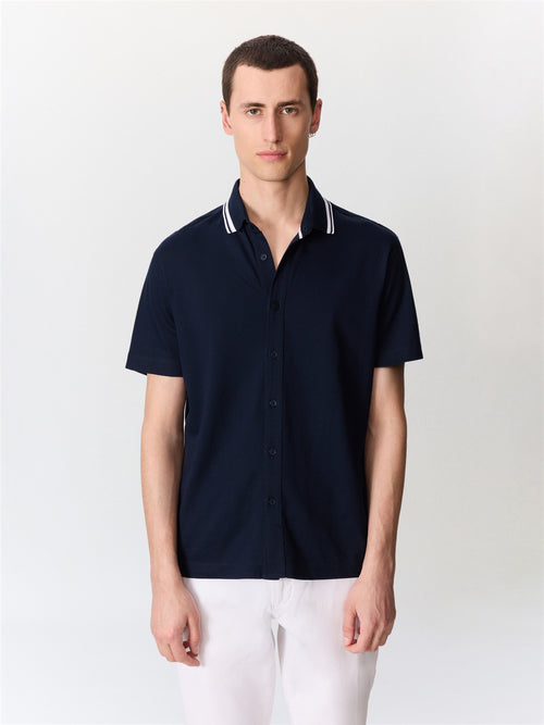 Chemise manches courtes regular en maille bleu marine - 1 - Father & Sons   - 4 