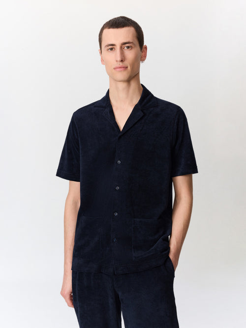 Chemise manches courtes regular en jersey éponge bleu marine - 1 - Father & Sons   - 4 