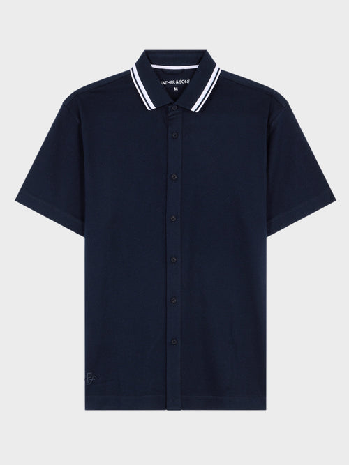 Chemise manches courtes regular en maille bleu marine - Father & Sons   - 5 