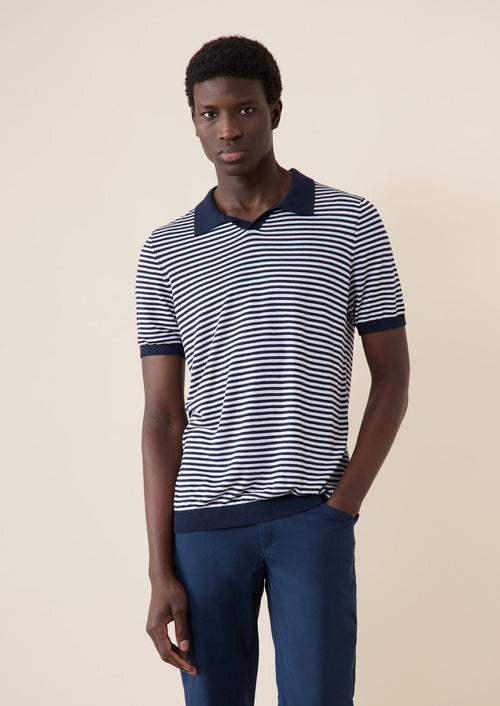 Polo manches courtes Slim en maille blanche à rayures bleu marine - 1 - Father & Sons   - 11 