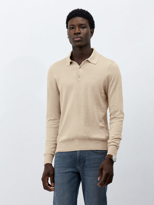 Polo manches longues Slim en maille coton et soie beige - Father & Sons   -  