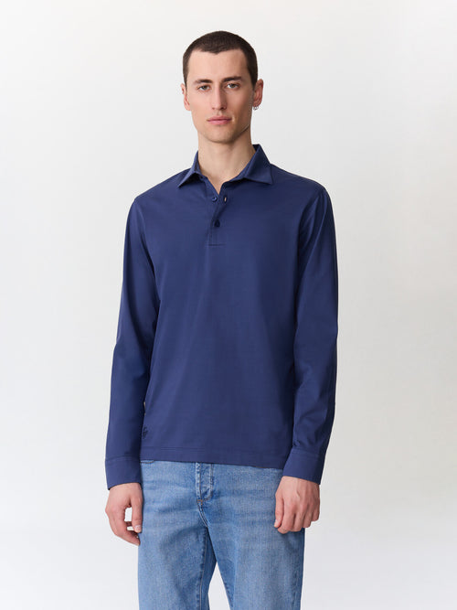 Polo manches longues slim en coton bleu indigo - 1 - Father & Sons   - 3 
