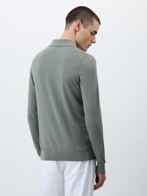Polo manches longues Slim en maille coton et soie kaki - 2 - Father & Sons   - 5 
