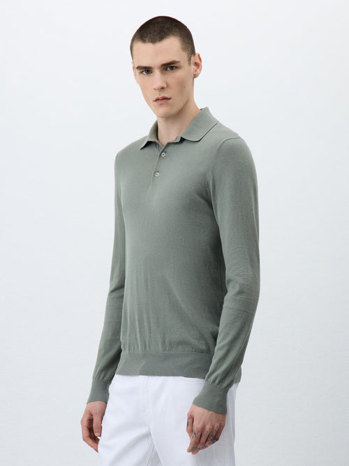 Polo manches longues Slim en maille coton et soie kaki - 1 - Father & Sons   - 5 