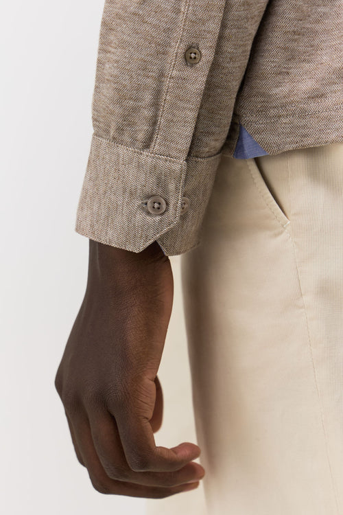 Polo manches longues Slim en coton mélangé beige à col officier - Father & Sons   - 3 