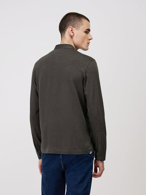Polo manches longues Slim en coton olive à col officier - 2 - Father & Sons   - 8 