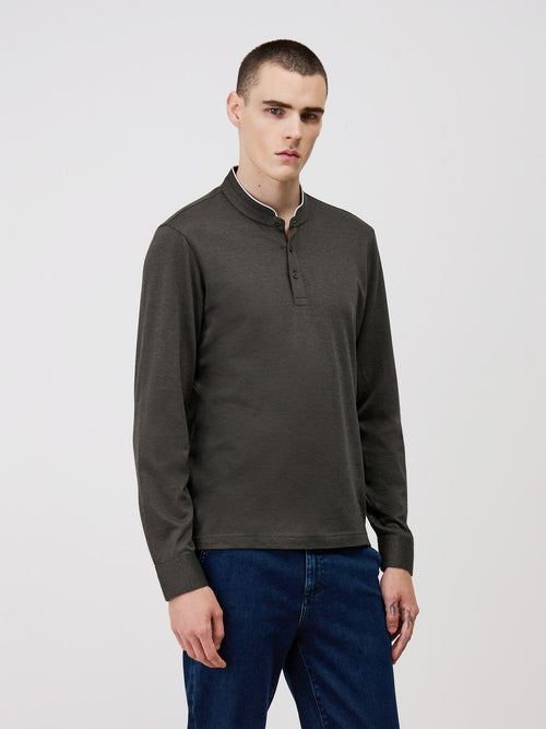 Polo manches longues Slim en coton olive à col officier - Father & Sons   -  
