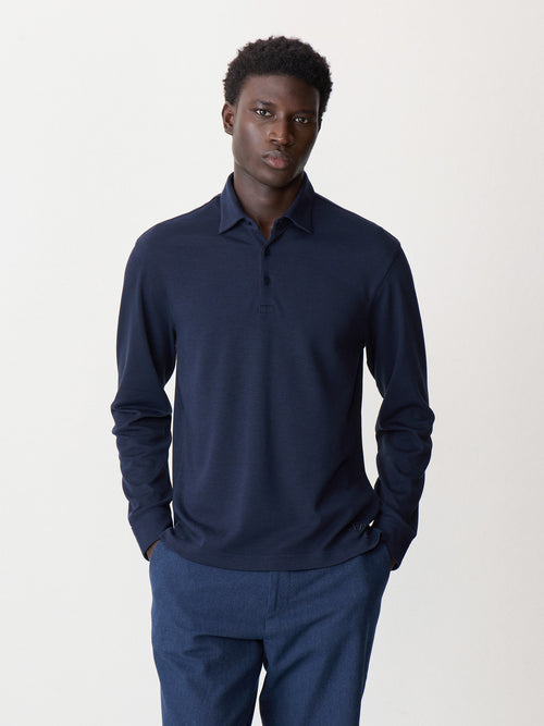 Polo manches longues slim en coton mélangé bleu indigo - 1 - Father & Sons   - 14 