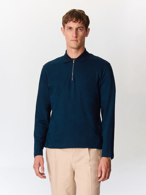 Polo manches longues regular en coton bleu indigo - 1 - Father & Sons   - 1 