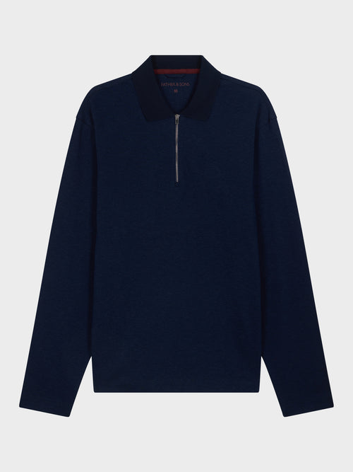 Polo manches longues regular en coton bleu indigo - Father & Sons   - 1 