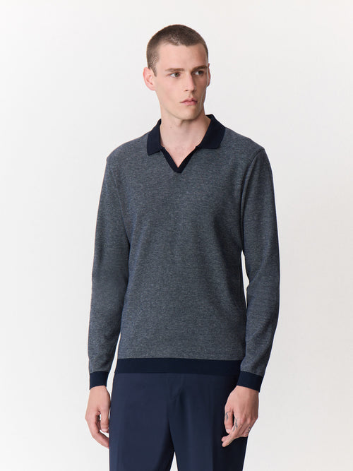 Polo manches longues slim en coton mélangé bleu marine - 1 - Father & Sons   - 10 