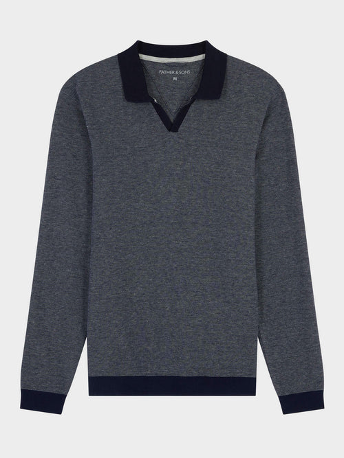 Polo manches longues slim en coton mélangé bleu marine - Father & Sons   - 4 