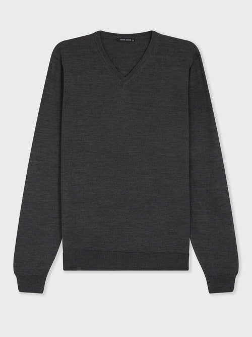 Pull col V en laine Mérinos mélangée anthracite - 1 - Father & Sons   - 7 