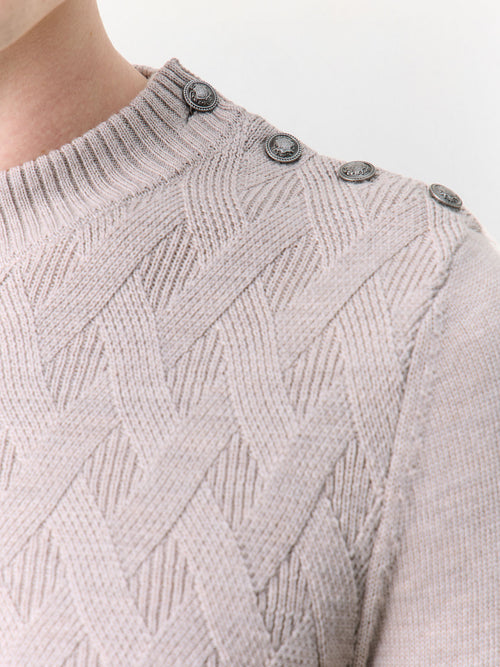 Pull col cheminée boutonné en laine Mérinos mélangée beige - Father & Sons   - 3 