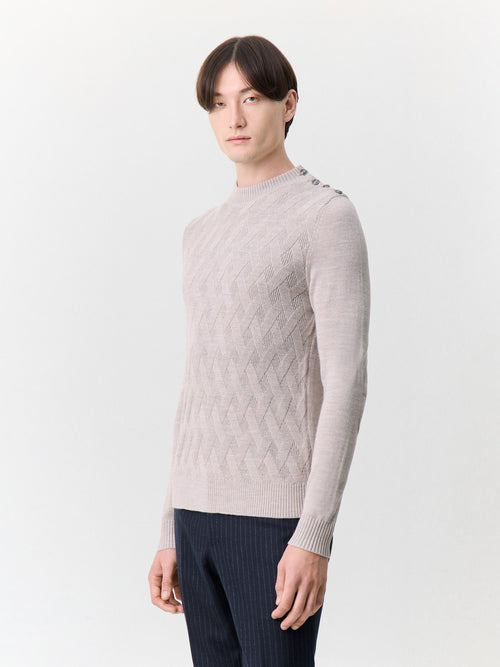 Pull col cheminée boutonné en laine Mérinos mélangée beige - 1 - Father & Sons   - 9 