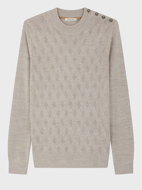 Pull col cheminée boutonné en laine Mérinos mélangée beige - 1 - Father & Sons   - 9 