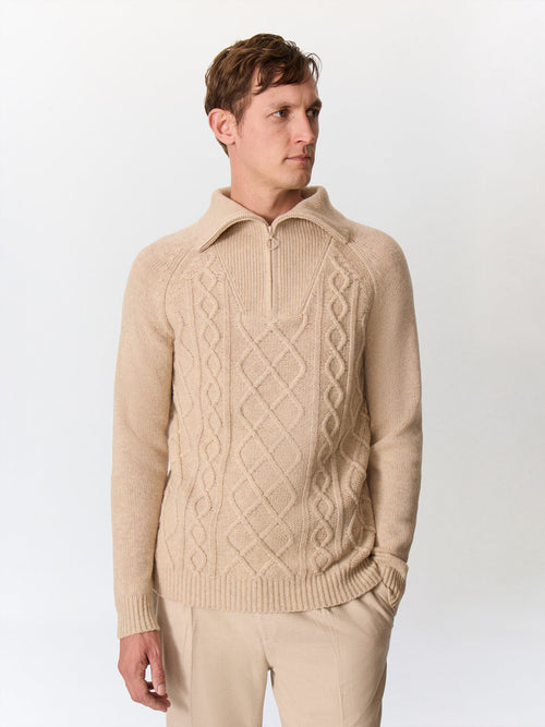Pull col zippé en laine mélangée beige - 1 - Father & Sons   - 7 