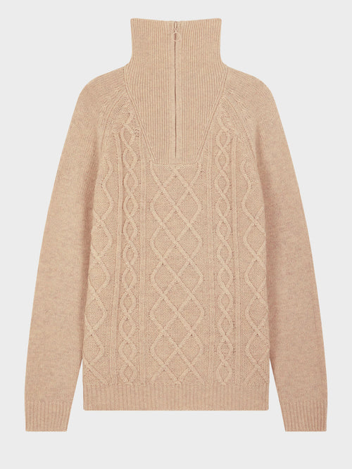 Pull col zippé en laine mélangée beige - Father & Sons   - 4 