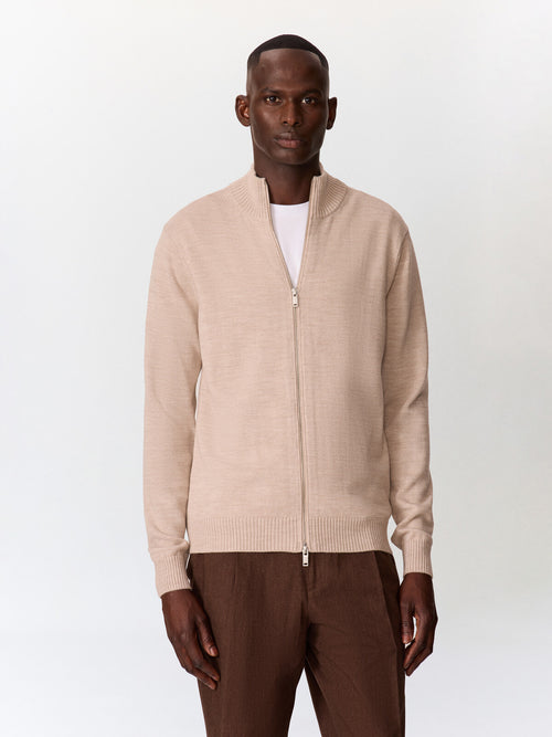 Gilet zippé en laine Mérinos mélangée beige - 1 - Father & Sons   - 21 