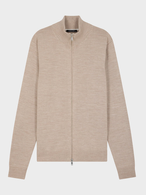 Gilet zippé en laine Mérinos mélangée beige - Father & Sons   - 1 