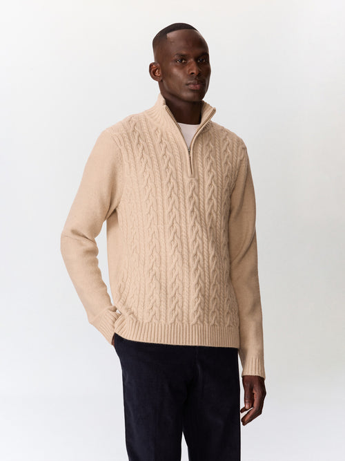 Pull col zippé en laine mélangée beige - 1 - Father & Sons   - 7 