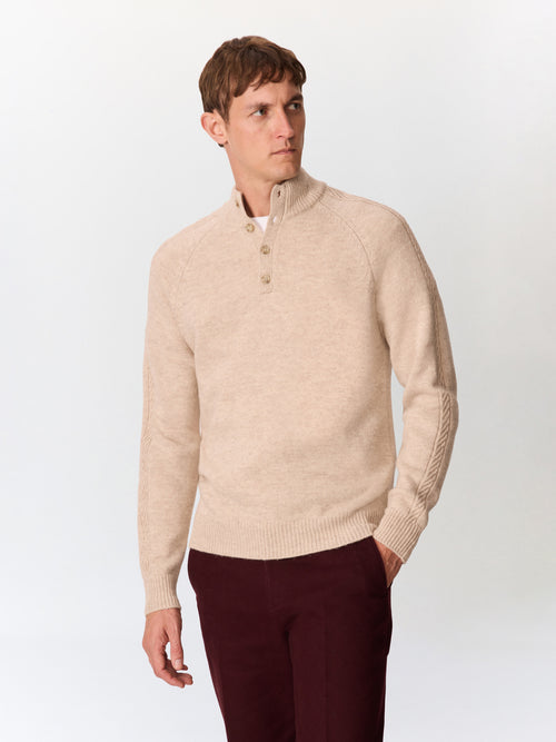 Pull col boutonné en laine Mérinos mélangée beige - 1 - Father & Sons   - 6 