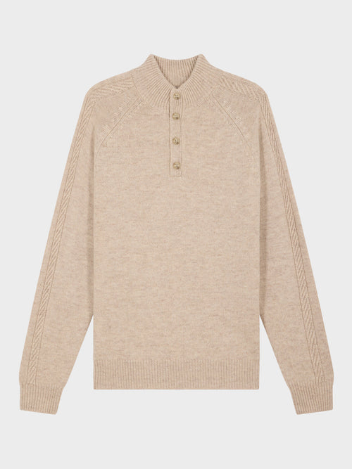 Pull col boutonné en laine Mérinos mélangée beige - 1 - Father & Sons   - 2 
