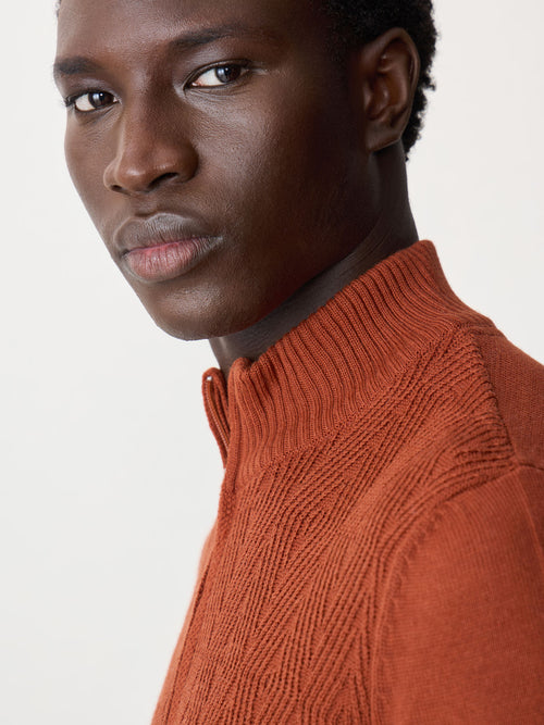 Pull col zippé en laine Mérinos mélangée rouge - Father & Sons   - 3 