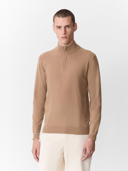Pull col zippé en cachemire camel - 1 - Father & Sons   - 8 