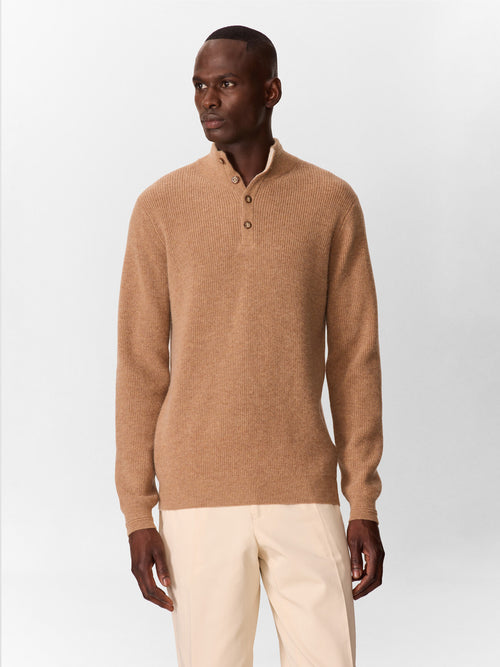 Pull col boutonné en cachemire camel - 1 - Father & Sons   - 7 